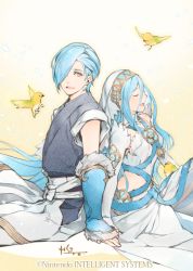 Rule 34 | 1boy, 1girl, azura (fire emblem), bird, blue hair, company name, closed eyes, facial hair, fire emblem, fire emblem cipher, fire emblem fates, hair over one eye, itou misei, japanese clothes, long hair, looking at viewer, mother and son, nintendo, open mouth, shigure (fire emblem), yellow eyes