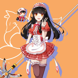 Rule 34 | 1girl, alternate costume, apron, ara haan, ara han, black hair, bow, bowtie, brown thighhighs, corset, elsword, enmaided, frills, ginryuu, hairband, highres, long hair, maid, maid apron, orange background, orange eyes, pleated skirt, polearm, red bow, red skirt, skirt, smile, solo, spear, standing, standing on one leg, thighhighs, weapon