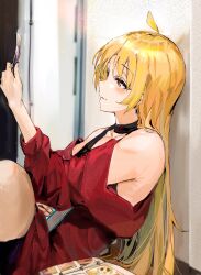 Rule 34 | 1girl, ahoge, bare shoulders, blonde hair, blush, bocchi the rock!, commentary request, funi mu9, highres, holding, holding photo, ijichi seika, long hair, orange eyes, parted lips, photo (object), photo album, red shirt, shirt, sitting, smile, solo