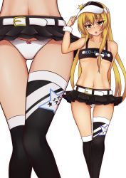 Rule 34 | 1girl, ass, bare shoulders, belt, blonde hair, blush, bow, bow panties, breasts, collarbone, commentary request, embarrassed, gluteal fold, highres, kim0501, kirisame marisa, long hair, miniskirt, navel, no bra, open mouth, panties, simple background, skirt, small breasts, solo, standing, star (symbol), tank top, thighhighs, thighs, touhou, underwear, visor, visor cap, white background, white panties, wrist cuffs, yellow eyes
