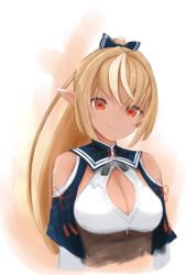 Rule 34 | 1girl, bare shoulders, blonde hair, bow, breasts, chinese clothes, cleavage, cleavage cutout, closed mouth, clothing cutout, dark-skinned female, dark skin, elf, hair bow, hair ornament, highres, hololive, large breasts, long hair, orange eyes, pointy ears, ponytail, ragi sino07, shiranui flare, shiranui flare (old design), shoulder cutout, signature, smile, solo, tagme, upper body, very long hair, virtual youtuber, white background