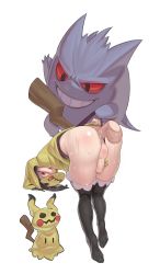 Rule 34 | 1boy, absurdres, adapted costume, allister (pokemon), anal, bent over, black hair, black legwear, body blush, character print, cosplay, creatures (company), cum, cum in ass, cum overflow, disembodied penis, game freak, gen 1 pokemon, gen 7 pokemon, gengar, grey pupils, highres, hood, hood up, looking back, male focus, male penetrated, mask, mimikyu, mimikyu (cosplay), monster frog, nintendo, open mouth, penis, pokemon, pokemon swsh, pokemon tail, sex, shiny skin, short hair, sweat, tail, teeth, testicles, thighhighs, trap, upper teeth only, yaoi