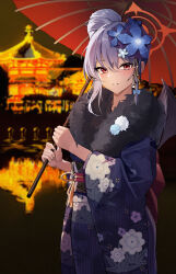 Rule 34 | 1girl, absurdres, blue archive, demon wings, flower, hair flower, hair ornament, haruna (blue archive), haruna (new year) (blue archive), highres, japanese clothes, kimono, looking at viewer, noa (noa01010), official alternate costume, red eyes, solo, white hair, wings