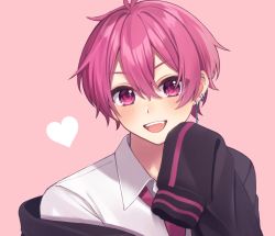 Rule 34 | 1boy, blush, collared shirt, ear piercing, earrings, fang, heart, highres, ireisu, jewelry, long sleeves, looking at viewer, male focus, naiko (ireisu), necktie, o8uin, open mouth, piercing, pink background, pink eyes, pink hair, shirt, short hair, sleeves past fingers, sleeves past wrists, smile, solo, white shirt