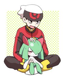 Rule 34 | 1boy, 1girl, annoyed, beanie, black pants, blue gloves, blush, blush stickers, brendan (pokemon), closed mouth, colored skin, creatures (company), embarrassed, fingerless gloves, full body, game freak, gen 3 pokemon, gloves, green hair, green skin, grey eyes, hair over one eye, half-closed eyes, hand on another&#039;s head, hand up, happy, hat, headpat, indian style, jacket, kirlia, long sleeves, looking at another, minashirazu, multicolored skin, nintendo, open mouth, pants, poke ball symbol, poke ball theme, pokemon, pokemon (creature), pokemon rse, polka dot, polka dot background, red eyes, red jacket, short hair, simple background, sitting, sitting on lap, sitting on person, size difference, smile, socks, sweat, two-tone skin, white headwear, white legwear, white skin