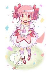 Rule 34 | 1girl, :d, bow, box, bubble skirt, cupping hands, full body, gecchu, gift, gift box, highres, kaname madoka, kyubey, looking at viewer, magical girl, mahou shoujo madoka magica, mahou shoujo madoka magica (anime), open mouth, outstretched arms, own hands together, pink eyes, pink hair, short hair, short twintails, skirt, smile, solo, tareme, twintails, white background