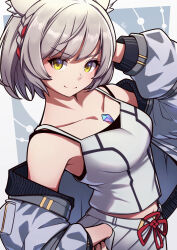 Rule 34 | 1girl, animal ears, arm behind head, cat ears, core crystal (xenoblade), grey hair, grey jacket, highres, jacket, looking at viewer, mio (xenoblade), off-shoulder jacket, off shoulder, skirt, smile, solo, tank top, umenodo, upper body, xenoblade chronicles (series), xenoblade chronicles 3, yellow eyes