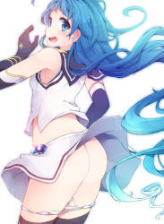 Rule 34 | 10s, ass, bare shoulders, black thighhighs, blue eyes, blue hair, clothes lift, commentary request, cowboy shot, elbow gloves, floating hair, from behind, fuuen (akagaminanoka), gloves, highres, kantai collection, long hair, looking at viewer, looking back, open mouth, panties, panty pull, samidare (kancolle), school uniform, shirt, simple background, skirt, skirt lift, sleeveless, sleeveless shirt, solo, standing, tears, thighhighs, underwear, very long hair, white background, white panties, white shirt, white skirt