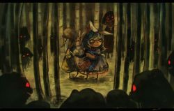 Rule 34 | 2girls, animal ears, bag, bamboo, bamboo forest, creepy, english text, forest, glowing, glowing eyes, hat, horror (theme), inaba tewi, koto inari, letterboxed, multiple girls, nature, night, rabbit, rabbit ears, red eyes, ringo (touhou), seiran (touhou), surrounded, touhou