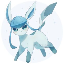 Rule 34 | alopias, closed mouth, commentary, commentary request, creatures (company), english commentary, full body, game freak, gen 4 pokemon, glaceon, green eyes, looking at viewer, mixed-language commentary, nintendo, no humans, pokemon, pokemon (creature), smile, solo, sparkle, watermark, white background