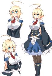 Rule 34 | 1girl, absurdres, ahoge, ascot, blazblue, blonde hair, blue eyes, blue footwear, blush, boots, breasts, brown legwear, closed mouth, commentary request, crossed arms, es (xblaze), expressionless, forneus 0, hair between eyes, highres, large breasts, long hair, looking at viewer, multiple views, simple background, sleeveless, standing, white background