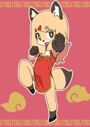 Rule 34 | 1girl, absurdres, animal ears, blonde hair, bright pupils, china dress, chinese clothes, dress, female focus, fighting stance, fox ears, fox tail, furry, furry female, highres, kadim, kung fu, long hair, looking at viewer, open mouth, original, solo, standing, standing on one leg, tail, white pupils