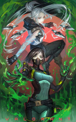 Rule 34 | 2girls, absurdres, animification, black hair, blue eyes, bodysuit, boots, colored smoke, fingerless gloves, floating, floating object, gas, gas mask, gloves, green bodysuit, green eyes, colored smoke, highres, jett (valorant), kunai, looking at viewer, mask, mouth mask, multiple girls, poison, short hair, sleeveless, sleeveless jacket, smile, smoke, tamausagi m, thigh boots, thighhighs, valorant, vest, viper (valorant), weapon, white hair