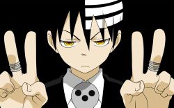 Rule 34 | 00s, 1boy, annoyed, black background, black hair, death the kid, formal, frown, hair between eyes, high collar, highres, jewelry, looking at viewer, male focus, multicolored hair, ring, shirt, short hair, simple background, skull, solo, soul eater, striped, suit, two-tone hair, upper body, v, wallpaper, white hair, yellow eyes
