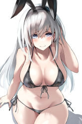 Rule 34 | 1girl, alexi oekaki, animal ears, arm support, bare arms, bikini, black bikini, blue eyes, blush, breasts, closed mouth, collarbone, commentary request, grey hair, hair between eyes, hand in own hair, highres, long hair, looking at viewer, medium breasts, navel, original, rabbit ears, side-tie bikini bottom, simple background, sitting, smile, solo, stomach, swimsuit, white background