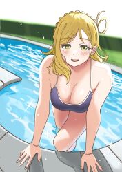 Rule 34 | 1girl, absurdres, blonde hair, blush, braid, breasts, cleavage, dunchy, highres, large breasts, light rays, long hair, love live!, love live! sunshine!!, ohara mari, one-piece swimsuit, open mouth, outdoors, pool, smile, solo, sparkle, swimsuit, water