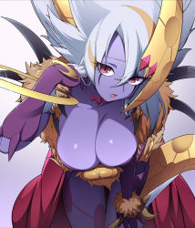 Rule 34 | 1girl, breasts, cleavage, colored skin, crescent, dagger, duel monster, elbow gloves, facial mark, fur trim, gloves, highres, knife, large breasts, leaning forward, lunalight leo dancer, medium hair, naruyan mk-ii, open mouth, purple skin, red eyes, simple background, solo, weapon, white hair, yu-gi-oh!