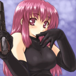 Rule 34 | bare shoulders, dd (ijigendd), gloves, gun, handgun, m1911, pink eyes, pink hair, pistol, solo, weapon