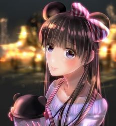 Rule 34 | 1girl, amusement park, black hair, blurry, blurry background, blush, bow, cup, hair bow, izumi (stardustalone), long hair, looking at viewer, mickey mouse ears, night, original, pink bow, smile, striped, striped bow, sweater, upper body