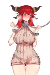 Rule 34 | absurdres, alexstrasza, blush, breasts, chain, closed mouth, cuffs, heroes of the storm, highres, horns, large breasts, long hair, ratatatat74, red hair, shackles, single horn, slave, sweater, tears, thighs, warcraft, world of warcraft, yellow eyes