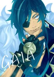 Rule 34 | 1boy, black gloves, blue eyes, blue hair, character name, closed mouth, commentary, dark skin, dark-skinned male, earrings, eyelashes, eyepatch, eyes visible through hair, feather boa, fingerless gloves, genshin impact, gloves, hair over shoulder, hand up, highres, jewelry, kaeya (genshin impact), long hair, looking at viewer, male focus, moyashi san4, ponytail, single earring, solo, spiked gloves, spikes, symbol-only commentary