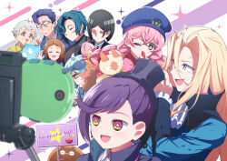 4girls 6+boys :d absurdres acro_trip aqua_hair ascot bandage_on_face bandages berry_blossom black_hair black_hat blonde_hair camera chroma_(acro_trip) closed_eyes date_chizuko date_suikyou diamond-shaped_pupils diamond_(shape) everyone faceless faceless_male facing_viewer glasses grey_hair hair_over_one_eye hand_up hat highres holding holding_sign kokoa_(acro_trip) kuma_kaijin long_hair mascot mashirou mini_hat multiple_boys multiple_girls omizo_barataka open_mouth pink_hair police_hat purple_hair rio_beginner selfie_stick sign smile symbol-shaped_pupils taking_picture triangle-shaped_pupils tsuki_(acro_trip) v whistle white_ascot