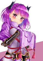 Rule 34 | 1girl, armor, bad id, bad pixiv id, blush, commentary request, cosplay, fate/grand order, fate (series), hair ornament, hands on own chest, helena blavatsky (fate), highres, looking at viewer, minamoto no raikou (fate), minamoto no raikou (fate) (cosplay), purple eyes, purple hair, rope, short hair, smile, solo, tomojo