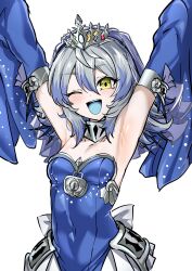 Rule 34 | 1girl, absurdres, armpits, bare shoulders, blue dress, breasts, cowboy shot, detached sleeves, dress, duel monster, fins, grey hair, head fins, highres, long hair, long sleeves, medium breasts, open mouth, sleeves past wrists, solo, synchroman, tearlaments merrli, tiara, veil, white background, yellow eyes, yu-gi-oh!