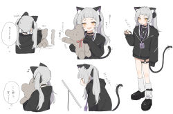 Rule 34 | 1girl, absurdres, animal ear fluff, animal ears, black choker, black footwear, black hoodie, black shirt, black skirt, bow, cat ears, cat tail, choker, commentary request, eighth note, fang, grey hair, highres, hololive, hood, hood down, hoodie, jewelry, lanyard, looking at viewer, loose socks, multiple views, murasaki shion, musical note, necklace, nyan, oisiimizu, open mouth, orange eyes, shirt, simple background, skin fang, skirt, sleeves past fingers, sleeves past wrists, socks, stuffed animal, stuffed toy, tail, tail bow, tail ornament, teddy bear, thigh strap, thought bubble, translation request, twintails, virtual youtuber, white background, white legwear