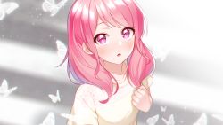 Rule 34 | 1girl, bang dream!, blush, bug, butterfly, collarbone, commentary request, hand up, highres, insect, long hair, looking at viewer, maruyama aya, parted lips, pink hair, purple eyes, shirt, short sleeves, solo, teeth, the cold, upper teeth only, white shirt