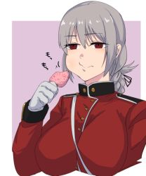 Rule 34 | 1girl, braid, breasts, brown hair, eating, fate/grand order, fate (series), florence nightingale (fate), food, food request, gloves, large breasts, military, military uniform, no headwear, no headwear, popsicle, red eyes, sagara1990, single braid, solo, uniform, white gloves