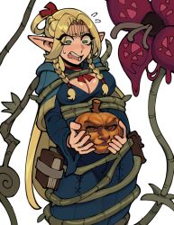 Rule 34 | 1girl, blonde hair, blue capelet, blue dress, bojinko, braid, breasts, capelet, cleavage, confused, constricted pupils, covered erect nipples, dress, dungeon meshi, elf, empty eyes, eyebrows, eyelashes, feet out of frame, female focus, green eyes, holding pumpkin, holding vegetable, hood, hood down, hooded capelet, large breasts, long hair, long sleeves, looking down, marcille donato, nervous, nervous sweating, open mouth, plant, pointy ears, pumpkin, restrained, scared, simple background, solo, standing, sweat, white background