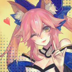 Rule 34 | 10s, 1girl, ;d, animal ears, bare shoulders, breasts, cleavage, detached collar, erjiu, fang, fate/extra, fate (series), female focus, fox ears, fox shadow puppet, hair ribbon, hand gesture, heart, highres, long hair, one eye closed, open mouth, pink hair, ribbon, slit pupils, smile, solo, tamamo (fate), tamamo no mae (fate/extra), twintails, yellow eyes