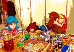 Rule 34 | 00s, 1990s (style), 4girls, androgynous, artist request, blonde hair, blue hair, blush, bottle, brown hair, can, chips (food), creatures (company), cup, drink, drunk, food, game freak, green (pokemon), holding, hood, hoodie, kris (pokemon), long hair, may (pokemon), multiple girls, napkin, ninjin (eva2014), nintendo, pokemon, pokemon adventures, pokemon gsc, pokemon rgby, pokemon rse, retro artstyle, reverse trap, yellow (pokemon), yuri