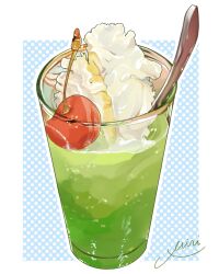 Rule 34 | cherry, cream soda, cup, drink, drinking glass, food, food focus, fruit, highres, miri illust, no humans, original, spoon, whipped cream