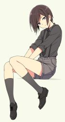 Rule 34 | 10s, 1boy, androgynous, between legs, black footwear, black hair, black necktie, black shirt, black shorts, black socks, closed mouth, collared shirt, full body, hand between legs, head tilt, highres, invisible chair, kneehighs, looking at viewer, male focus, necktie, pas (paxiti), purple eyes, shirt, shoes, shorts, simple background, sitting, sleeves past elbows, sleeves rolled up, smile, socks, solo, suspender shorts, suspenders, swept bangs, touken ranbu, wing collar, yagen toushirou, yellow background