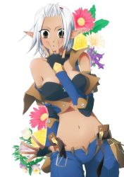 Rule 34 | 00s, 1girl, bad id, bad pixiv id, belt, brown eyes, covering own mouth, elbow gloves, elf, elvaan, final fantasy, final fantasy xi, fingerless gloves, flower, gloves, hand over mouth, hand over own mouth, midriff, open belt, pointy ears, solo, toroshio, unbuckled, unbuttoned, white hair