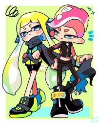 Rule 34 | +++, 1boy, 1girl, agent 3 (splatoon), agent 8 (splatoon), bike shorts, black pants, black sweater, blonde hair, blue eyes, border, bright pupils, cape, closed mouth, commentary request, crop top, cropped sweater, green background, grey cape, headphones, highres, inkling, inkling girl, inkling player character, long hair, mohawk, nintendo, octoling, octoling boy, octoling player character, outside border, pants, pointy ears, short hair, simple background, splatoon (series), splatoon 1, splatoon 2, squiggle, sweater, tentacle hair, thick eyebrows, v-shaped eyebrows, white border, white pupils, yoshishi (yosisitoho)