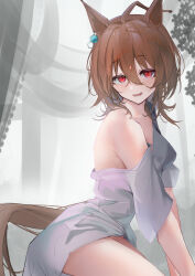 Rule 34 | 1girl, absurdres, agnes tachyon (umamusume), ahoge, animal ears, bottomless, breasts, brown hair, earrings, hair between eyes, highres, horse ears, horse girl, horse tail, jewelry, medium hair, off shoulder, open mouth, red eyes, sei (bigaa), shirt, short sleeves, single bare shoulder, single earring, sitting, small breasts, smile, solo, tail, umamusume, white shirt