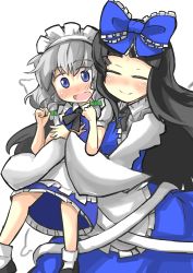 Rule 34 | 2girls, aged down, apron, black hair, blue dress, blue eyes, blunt bangs, blush, braid, closed eyes, commentary request, dress, gaoo (frpjx283), hair ribbon, height difference, highres, hug, hug from behind, izayoi sakuya, long hair, maid, maid apron, maid headdress, multiple girls, open mouth, puffy short sleeves, puffy sleeves, ribbon, short sleeves, silver hair, smile, star sapphire, straight hair, touhou, tress ribbon, twin braids, waist apron