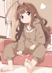 Rule 34 | 1girl, ahoge, alternate costume, barefoot, blunt bangs, brown jumpsuit, couch, curtains, feet, full body, heart, huge ahoge, jumpsuit, kantai collection, kuma (kancolle), looking at viewer, monochrome, nassukun, sepia, sitting, smile, soles, solo, toes, window
