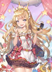 Rule 34 | 1girl, :d, bare arms, bare shoulders, belt, blonde hair, blush, bottle, bow, breasts, cagliostro (granblue fantasy), collarbone, cosmetics, cowboy shot, curtains, dress, flower, frilled dress, frills, glint, granblue fantasy, high heels, highres, holding, leg up, lipstick tube, long hair, looking at viewer, maid headdress, mirror, momoko (momopoco), nail polish, off-shoulder dress, off shoulder, open mouth, perfume bottle, pink flower, pink rose, purple eyes, rainbow, red bow, red footwear, red nails, rose, short sleeves, small breasts, smile, solo, standing, standing on one leg, star (symbol), tareme, thighs, very long hair