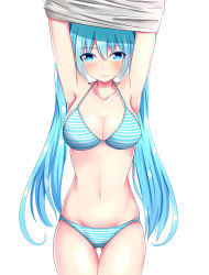 Rule 34 | 1girl, alternate breast size, armpits, arms up, baretto (karasi07), bikini, blue bikini, blue eyes, blue hair, blush, breasts, cleavage, clothes lift, collarbone, cowboy shot, gluteal fold, hatsune miku, highres, large breasts, lifted by self, long hair, looking at viewer, navel, shirt, shirt lift, simple background, skindentation, solo, standing, stomach, strap gap, striped bikini, striped clothes, swimsuit, twintails, very long hair, vocaloid, white background, white shirt