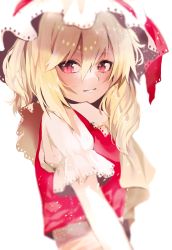 Rule 34 | 1girl, absurdres, artist name, ascot, blonde hair, blouse, bow, closed mouth, dated, diokira, flandre scarlet, frills, hair between eyes, hat, hat bow, highres, imageboard desourced, looking at viewer, medium hair, mob cap, non-web source, one side up, puffy short sleeves, puffy sleeves, red bow, red eyes, red vest, shirt, short sleeves, solo, touhou, upper body, vest, white shirt, yellow ascot