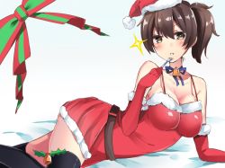 Rule 34 | 10s, 1girl, blush, breasts, brown hair, christmas, cleavage, fork, hat, kaga (kancolle), kantai collection, large breasts, navy (navy.blue), open mouth, ponytail, ribbon, santa costume, santa hat, short hair, smile, solo, thighhighs, yellow eyes