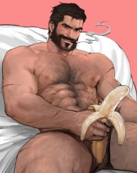 Rule 34 | 1boy, abs, banana, bara, beard, black hair, bulge, chest hair, dopey (dopq), facial hair, food, fruit, graves (league of legends), highres, large pectorals, league of legends, looking at viewer, male focus, male underwear, manly, muscular, nipples, pectorals, sexually suggestive, solo, topless male, underwear