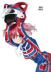 Rule 34 | 1girl, absurdres, blue eyes, breasts, eyebrows hidden by hair, gloves, unworn headwear, helmet, unworn helmet, highres, holding, holding helmet, kurosawa ruby, looking to the side, love live!, love live! sunshine!!, medium breasts, red hair, sasanon (sasapoliton), smile, solo, ultra series, ultraman tarou (series), white background, white gloves