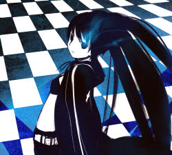 Rule 34 | 10s, 1girl, bad id, bad pixiv id, belt, black eyes, black hair, black rock shooter, black rock shooter (character), checkered background, female focus, gradient background, hatsune miku, jacket, limited palette, long hair, midriff, solo, sorethroat, twintails, vocaloid