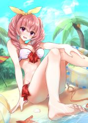 Rule 34 | 1girl, ball, bare legs, barefoot, beach, beachball, bikini, blush, bow, crossed bangs, curly hair, day, feet, hair bow, hexagon, innertube, knees together feet apart, lens flare, long hair, looking at viewer, open mouth, original, outdoors, pink hair, purple eyes, shirako miso, sitting, smile, solo, swim ring, swimsuit, thighs, toes, twintails, water, white bikini, yellow bow
