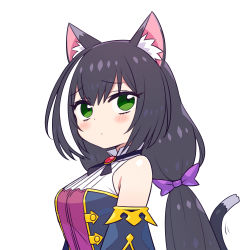 Rule 34 | 1girl, animal ear fluff, animal ears, bare shoulders, black hair, black ribbon, blush, bow, cat ears, cat girl, cat tail, chan co, closed mouth, detached sleeves, green eyes, hair bow, karyl (princess connect!), long hair, looking at viewer, low twintails, motion lines, multicolored clothes, multicolored hair, neck ribbon, princess connect!, purple bow, ribbon, simple background, solo, streaked hair, tail, tail ornament, tail ribbon, twintails, two-tone hair, upper body, very long hair, white background, white hair